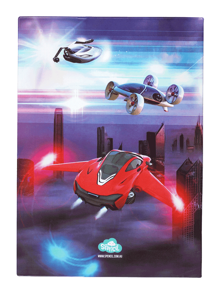 Spencil A4 Bookcover - Flying Cars | Book Cover A4 Exercise Book Size - STEAM Kids Brisbane